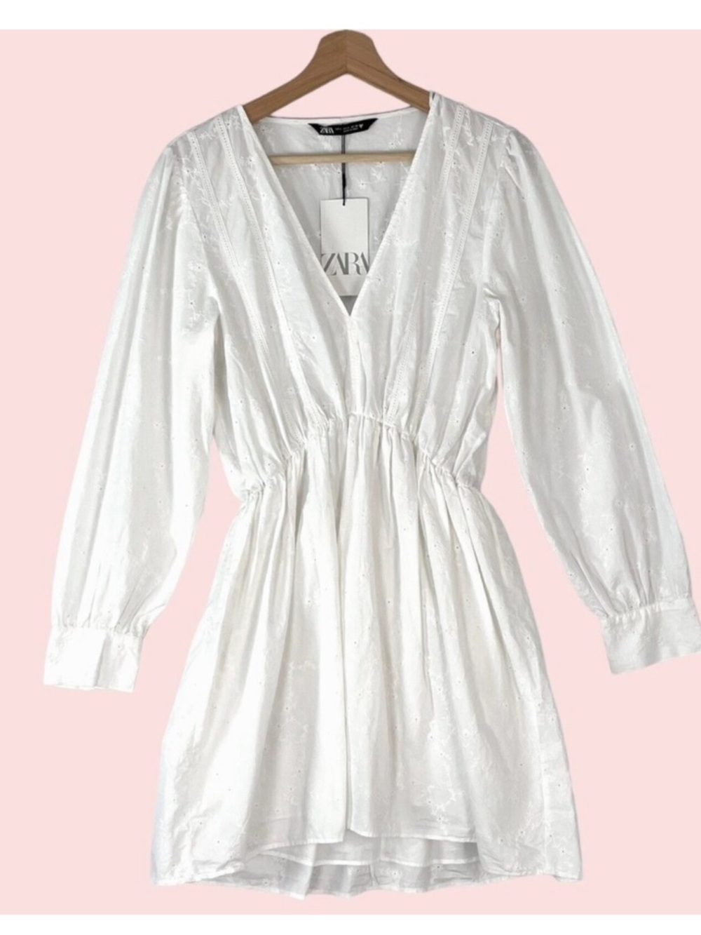 Zara Eyelet Mini Dress Sz L Embroidered Long Sleeves White Elastic Waist Boho
